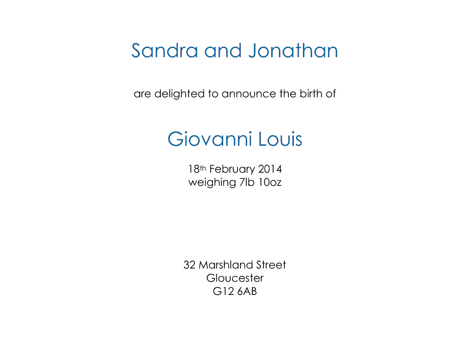 Personalised Stationery : Classic Announcements : Giovanni