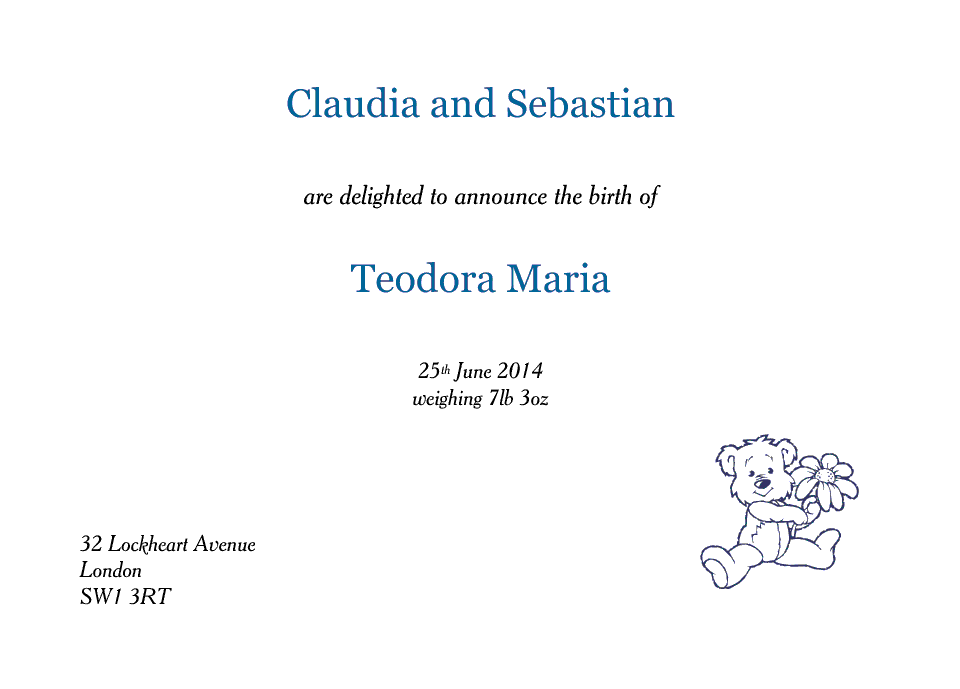 Personalised Stationery : Classic Announcements : Teodora