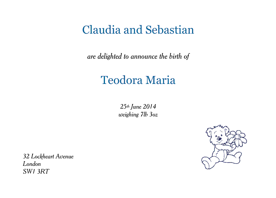 Teodora Classic Announcements | Design, proof and buy online | Personalised Stationery