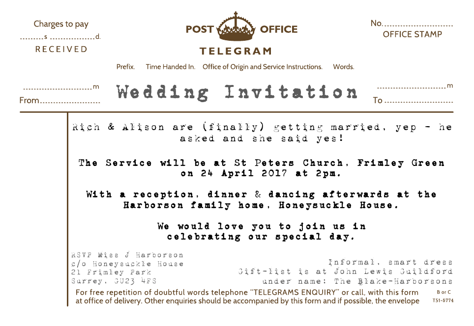 Personalised Stationery : Demi Quarto Wedding Invitations : Telegram